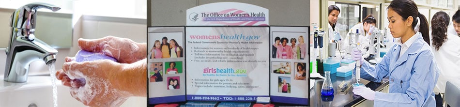 Banner: Washing hands under a faucet with soap and water, The Office on Women's Health health fair display, Woman working in lab