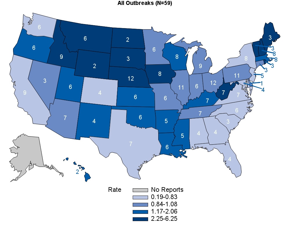 U.S. map showing the median reporting rate among states was 1.1 outbreak per million population; rates ranged from 0.2 in Florida to 6.3 in Nebraska.