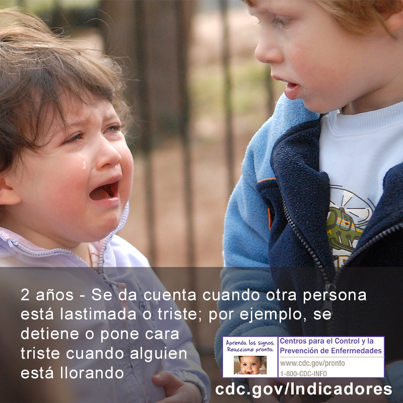 2 anos se da cuenta Se da cuenta cuando otra persona está lastimada o triste; por ejemplo, se detiene o pone cara triste cuando alguien está llorando