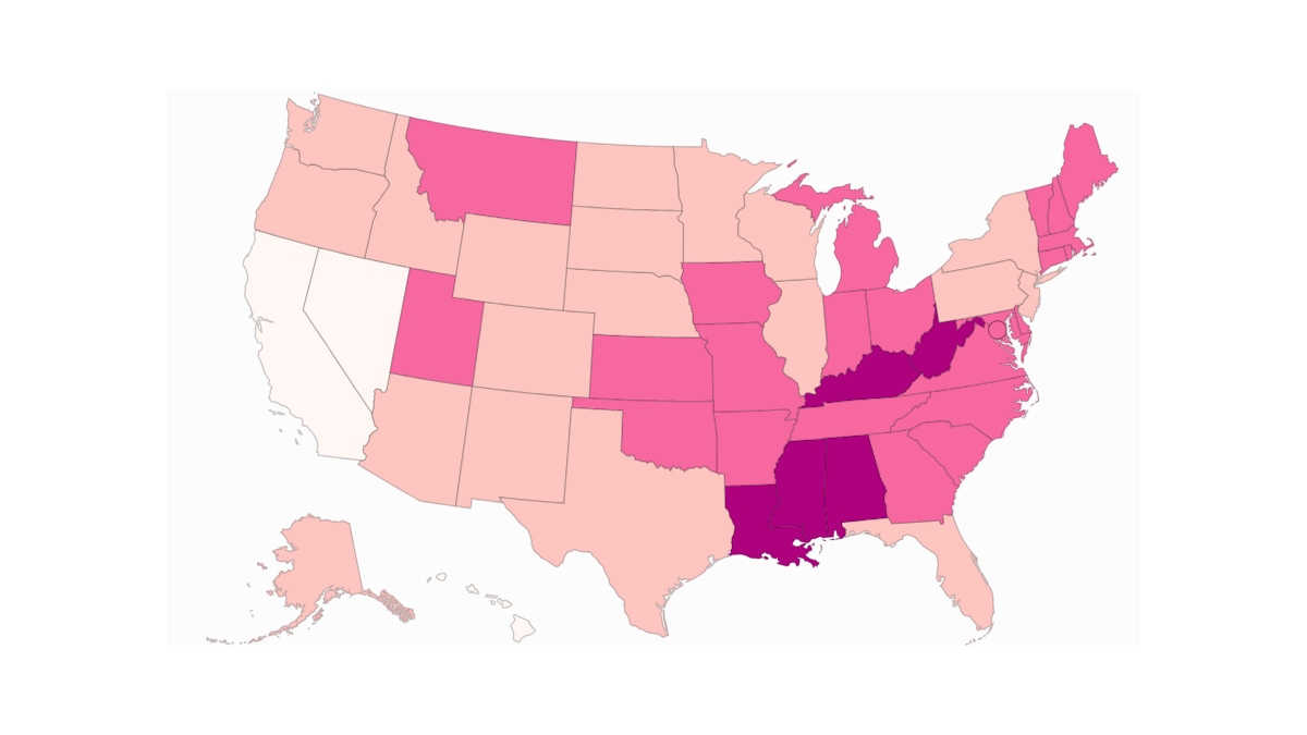 Thumbnail image of map showing percentage of children with ADHD by state in the US