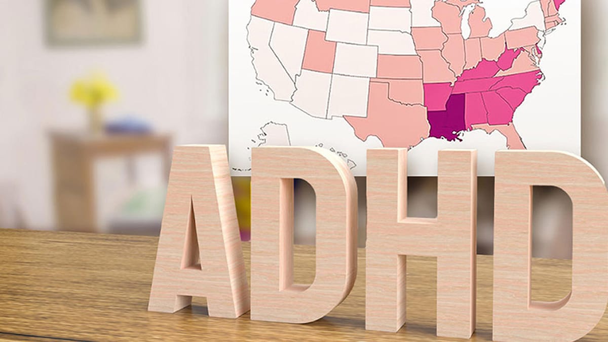 Map of U.S. showing prevalence rates of ADHD by state.