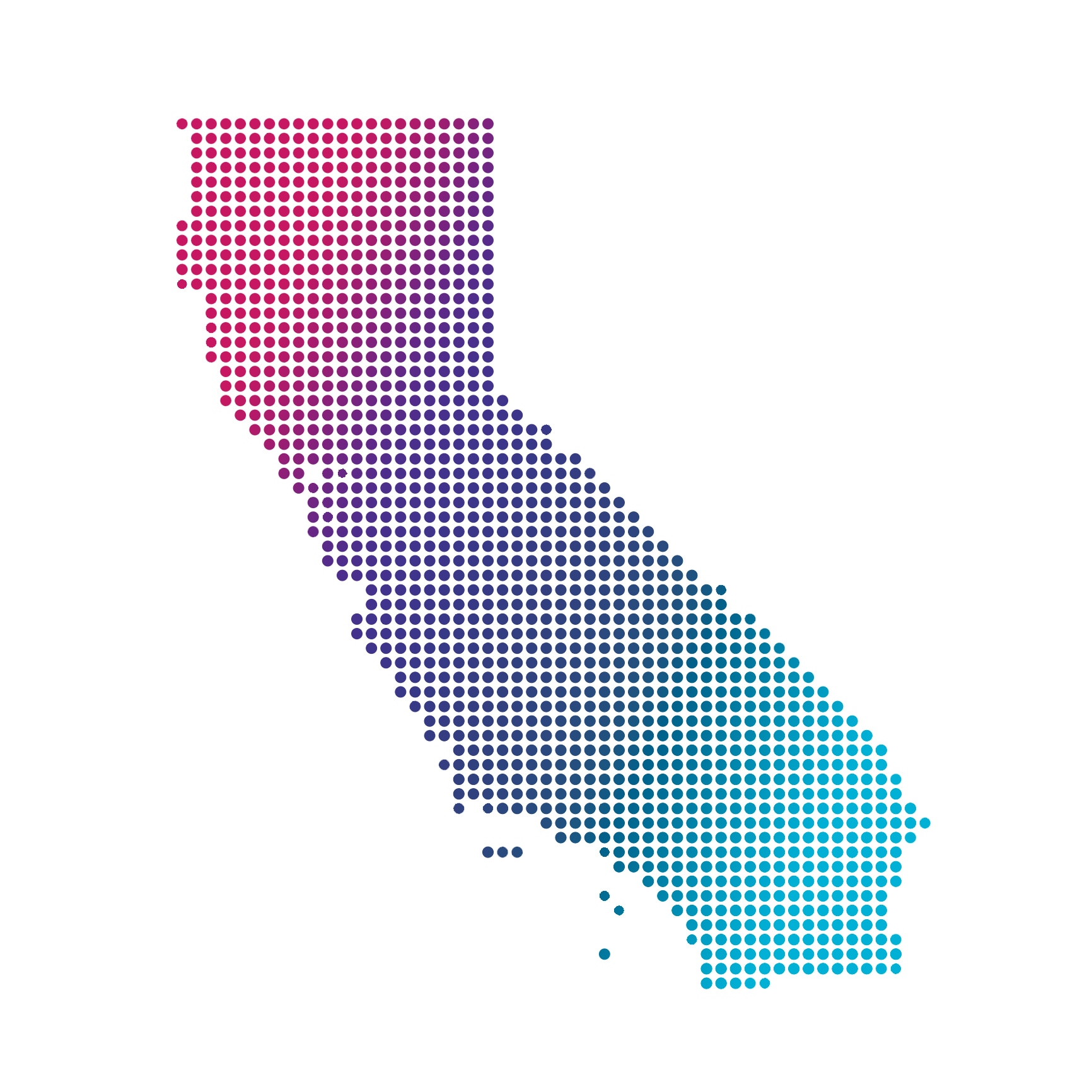 California map of blue dots on white background
