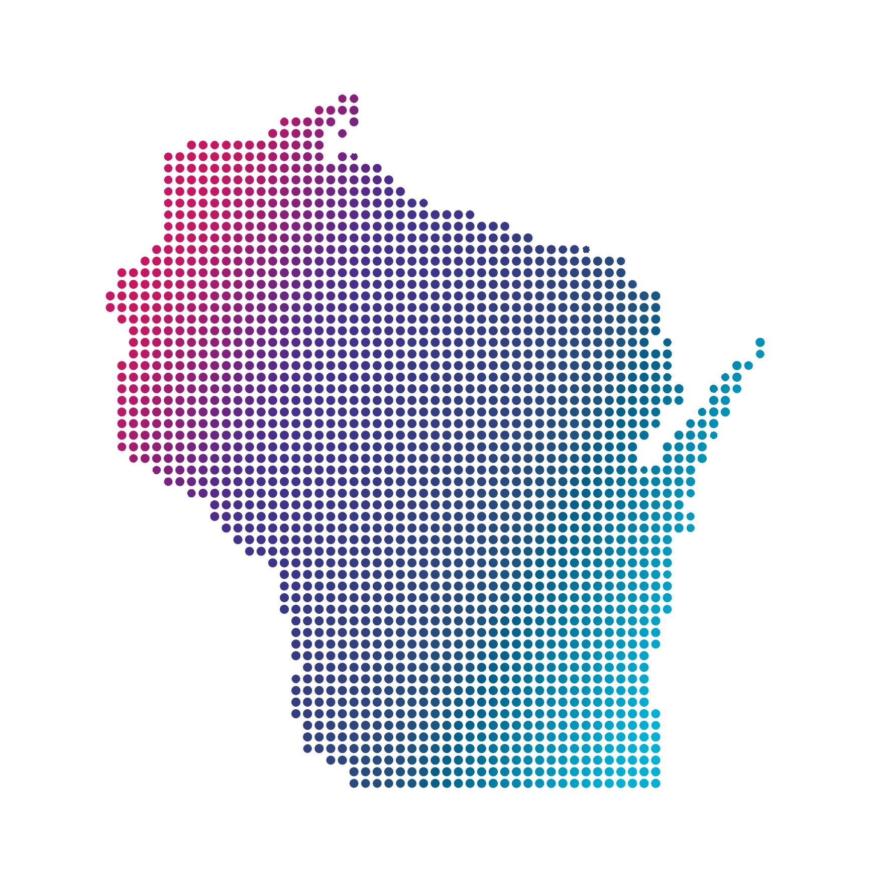 Wisconsin map of blue dots on white background