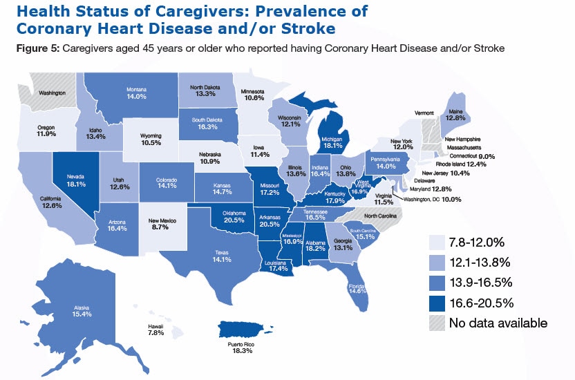 Percentage of Adults with Multiple Chronic Diseases and Subjective Cognitive Decline, Figure 5: Adults 45 years of age and older with Subjective Cognitive Decline who reported having 2 or more chronic diseases including coronary heart disease and/or stroke (%26#37;) Alabama-72.4%26#37; Alaska-57.3%26#37; Arizona-67.6%26#37; Arkansas-67.1%26#37; California-55.3%26#37; Colorado-62.8%26#37; Connecticut-66.1%26#37; Delaware-69.8%26#37; Florida-69.4%26#37; Georgia-64.1%26#37;, Hawaii-55.2, Idaho-64.5, Illinois-71.1, Indiana-70.1, Iowa-62.8, Kansas-69.9, Kentucky-82.7, Louisiana-67.1, Maine-69.9, Maryland-60.6, Massachusetts-61.3, Michigan-68.1, Minnesota-59.5, Mississippi-75.6, Missouri-73.6, Montana-65.1, Nebraska-61.9, Nevada-63.8, New Hampshire-65.0, New Jersey-65.3, New Mexico-65.3, New York-66.2, North Carolina-69.2, North Dakota-63.0, Ohio-70.2, Oklahoma-72.9, Oregon-67.2, Pennsylvania - No data available, Rhode Island-63.5, South Carolina-75.6, South Dakota-62.0, Tennessee-75.6, Texas-63.7, Utah-64.5, Vermont-64.1, Virginia-66.5, Washington-66.2, West Virginia-79.4, Wisconsin-59.9, Wyoming-57.9, Washington, DC-63.2, Puerto Rico-69.3