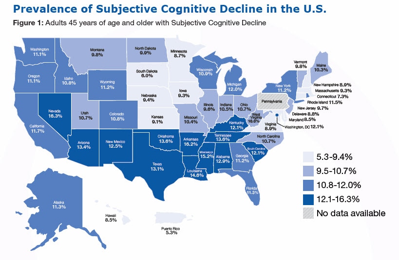 Prevalence of Subjective Cognitive Decline in the U.S., Figure 1: Adults 45 years of age and older with Subjective Cognitive Decline (%26#37;) Alabama-12.9%26#37; Alaska-11.3%26#37; Arizona-13.4%26#37; Arkansas-16.2%26#37; California-11.7%26#37; Colorado-10.8%26#37; Connecticut-7.3%26#37; Delaware-8.8%26#37; Florida-11.3%26#37; Georgia-11.2%26#37; Hawaii-8.5, Idaho-10.8, Illinois-9.6, Indiana-10.5, Iowa-9.3, Kansas-9.1, Kentucky-12.1, Louisiana-14.6, Maine-10.3, Maryland-8.5, Massachusetts-9.3, Michigan-12.0, Minnesota-8.7, Mississippi-15.2, Missouri-10.4, Montana-9.8, Nebraska-9.4, Nevada-16.3, New Hampshire-8.9, New Jersey-9.7, New Mexico-12.5, New York-11.2, North Carolina- 10.7, North Dakota-9.9, Ohio-10.7, Oklahoma-13.6, Oregon-11.1, Pennsylvania - No data available, Rhode Island-11.5, South Carolina-12.1, South Dakota-6.0, Tennessee-13.6, Texas-13.1, Utah-10.7, Vermont-9.8, Virginia-8.9, Washington-11.1, West Virginia-10.0, Wisconsin-10.9, Wyoming-11.2, Washington, DC-12.1, Puerto Rico-5.3