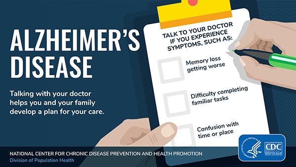 Alzheimer's Disease Talking with your doctor helps you and your family develop a plan for your care.  Talk to your doctor if you experience symptoms such as: Memory loss getting worse Difficulty completing familiar tasks Confusion with time or place  National Center for Chronic Disease Prevention and Health Promotion Division of Public Health  HHS logo CDC logo