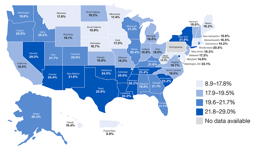 Percentage of Adults aged 45 years and older with one or more chronic diseases who reported subjective cognitive decline by state --Alabama-19.8%  Alaska-20.2%  Arizona-24.4%  Arkansas-25.5% California-19.5%  Colorado-20.0%  Connecticut-14.2%  Delaware-17.3%  District of Columbia-23.1%  Florida-21.7%  Georgia-21.1%  Hawaii-16.4%  Idaho-20.5% Illinois-20.4% Indiana-18.9% Iowa-17.3% Kansas-18.9% Kentucky-21.6% Louisiana-24.2%  Maine-16.2% Maryland-14.6%  Massachusetts-16.5% Michigan-18.0% Minnesota-17.4% Mississippi-26.2% Missouri-18.0% Montana-17.8% Nebraska-16.7% Nevada-29.0% New Hampshire-18.6% New Jersey-19.2% New Mexico-21.9% New York-21.9% North Carolina-19.5% North Dakota-19.2% Ohio-19.0% Oklahoma-24.0% Oregon-20.8% Rhode Island-20.5% South Carolina-22.2%  South Dakota-10.9% Tennessee-23.4% Texas-25.9% Utah-21.7%  Vermont-18.6% Virginia-18.7% Washington-19.6% West Virginia-17.1% Wisconsin- 21.3% Wyoming-19.1% Puerto Rico-8.9%