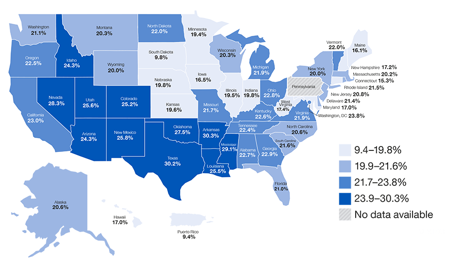 Figure 6 (Untied State Map) : Percentage of Adults aged 45 years and older with coronary heart disease, stroke, or both who reported subjective cognitive decline by state :   Alabama-22.7% Alaska-20.6%  Arizona-24.3%  Arkansas-30.3%  California-23.0% Colorado-25.2%  Connecticut-15.3%  Delaware-21.4%  District of Columbia-23.8%  Florida-21.0%  Georgia-22.9%  Hawaii-17.0%  Idaho-24.3% Illinois-19.5%  Indiana-19.8%  Iowa-16.5% Kansas-19.6% Kentucky-22.6%  Louisiana-25.5%  Maine-16.1%  Maryland-17.0% Massachusetts-20.2%  Michigan-21.9%  Minnesota-19.4%  Mississippi-29.1%  Missouri-21.7% Montana-20.3% Nebraska-19.8 %  Nevada-28.3%  New Hampshire-17.2%  New Jersey-20.8%  New Mexico-25.8% New York-20.0%  North Carolina-20.6%  North Dakota-22.0%  Ohio-22.8%  Oklahoma-27.5% Oregon-22.5%  Pennsylvania	. Rhode Island-21.5%  South Carolina-21.6%  South Dakota-9.8%  Tennessee-22.4% Texas-30.2%  Utah-25.6%  Vermont	22.0%  Virginia-21.9%  Washington-21.1%  West Virginia-17.4%  Wisconsin-20.3%  Wyoming-20.0% Guam	. Puerto Rico-9.4%  Virgin Islands	.
