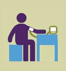 Purple, blue, and green line drawing of a person taking their blood pressure sitting at a table