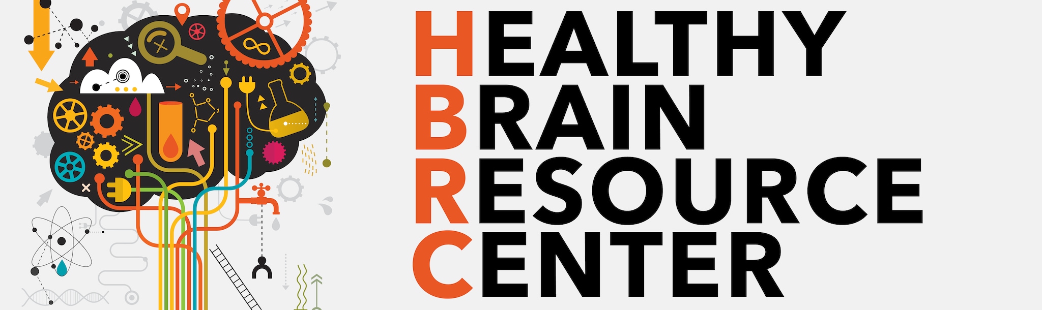 Healthy Brain Resource Center web ready graphic with title and image of brain with various graphic elements