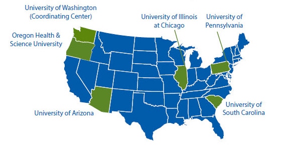 Healthy Brain Initiative map showing states with centers (WA, OR, AZ, IL, PA, SC)