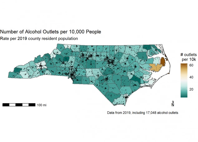 Number of NC alcohol outlets per 10,000 people