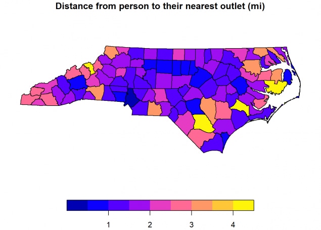 NC distance from person to nearest outlet in miles