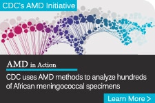  illustration of colorful DNA strand behind the text - Learn More CDC uses AMD methods to analyze hundreds of African meningococcal specimens
