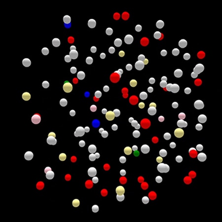 Colorful spheres that represent cases in a foodborne outbreak on a dark background