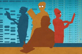 illustration of PulseNet scientists with a background that symbolizes the transition from PFGE technology to whole genome sequencing technology