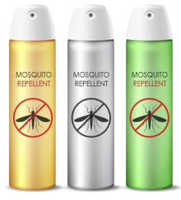 illustration of bug spray cans. the middle one in gray tones indicating it is not effective