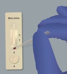 illustration of a blue gloved hand dropping blood into the sample well of a test device