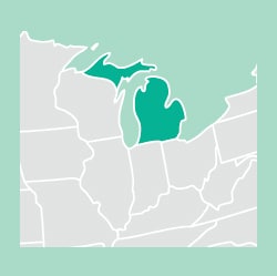 Illustrated image of map cropped to the SE region with Michigan highlighted