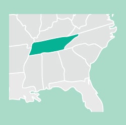 Illustrated image of map cropped to the SE region with Tennessee highlighted
