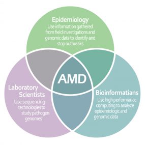 venn diagram showing the connection between genomic sequencing, bioinformatics, and epidemiology