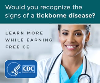 Button showing a female doctor with text stating: Would you recognize the signs of a tickborne disease? Learn more while earning free CE