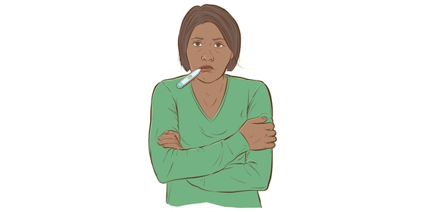 Illustration of a woman with a thermometer in her mouth