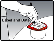 Image of person writing the date and description of contents on the label of a container that has leftover doxycycline and water mixture.