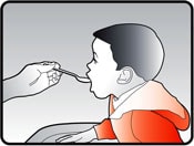 Image of person giving child the correct dose of doxycycline mixed with food or drink.