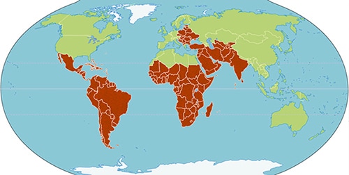 Mapa del mundo que muestra las secciones donde se puede encontrar &aacute;ntrax en las regiones agr&iacute;colas.