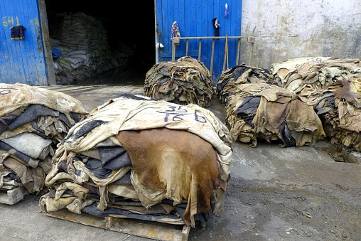 Piles of animal hides at a leather tannery.
