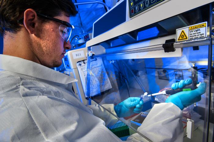 Public health scientist setting up a molecular test called a polymerase chain reaction (PCR).