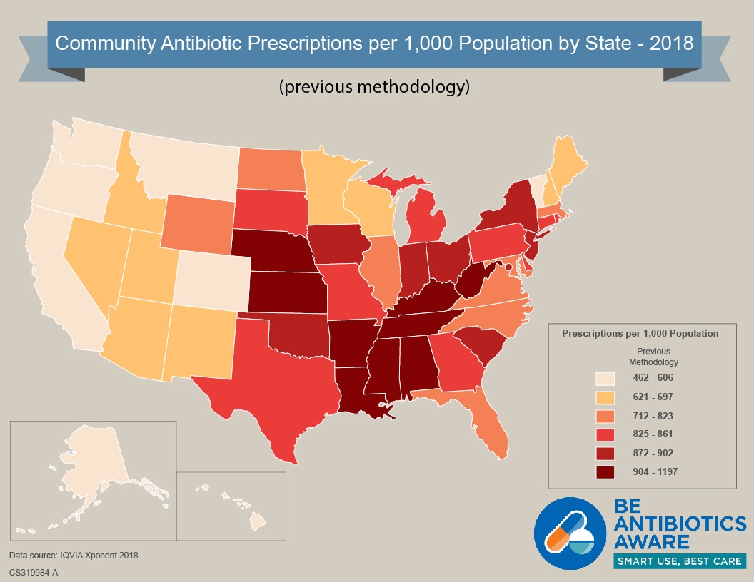 Outpatient Antibiotic Prescriptions by State in 2018 (previous methodology)