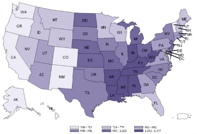 Antibiotic prescriptions per 1000 persons by state (sextiles) for all ages US 2011 Wa,Or,Ca, Co, NM, Vt =588 - 715  |  Mt,Id,Wy,Nv, Mn, Wi, Me, NH, Fl = 724 - 779  | Ut, Az, Ma, Ri, Ct, GA = 812 - 882 | Tx, Ok, SD, Ia, Il, NY, NJ = 908 - 941 | Oh, Mi, Mo, Ks, Ne , ND = 963 - 1,024 | La, Ms, Al, Tn, Ky, WV, In = 1,032 - 1,355