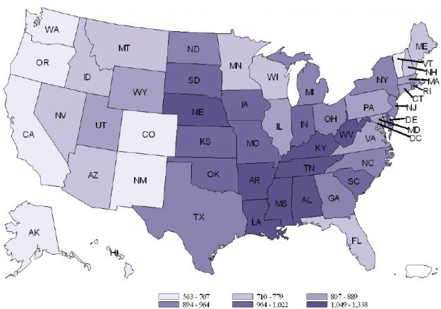 Antibiotic prescriptions per 1000 persons by state (sextiles) for all ages US 2012 Wa,Or,Ca, Co, NM, Vt =588 - 715  |  Mt,Id,Wy,Nv, Mn, Wi, Me, NH, Fl = 724 - 779  | Ut, Az, Ma, Ri, Ct, GA = 812 - 882 | Tx, Ok, SD, Ia, Il, NY, NJ = 908 - 941 | Oh, Mi, Mo, Ks, Ne , ND = 963 - 1,024 | La, Ms, Al, Tn, Ky, WV, In = 1,049 - 1,338