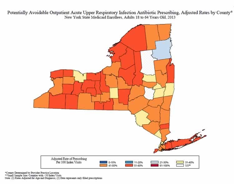 map of state of New York:  Adult Acute URI Antibiotic Prescribing Maps – 2013