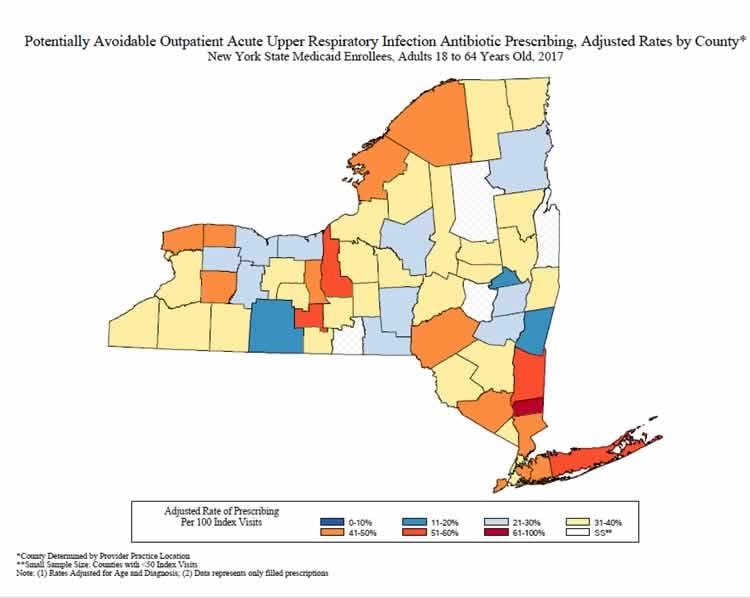 map of state of New York:  Adult Acute URI Antibiotic Prescribing Maps – 2017