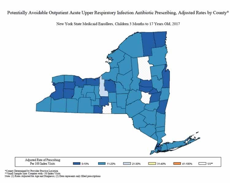 state of New York map:  Adult Acute URI Antibiotic Prescribing Maps – 2017