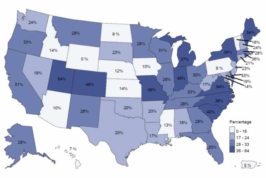 The map displays the percentage of acute care hospitals reporting at least one month of data to NHSN’s Antibiotic Use Option as of October 2020.