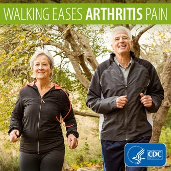 Walking eases arthritis pain. Older man and woman walking outside. 
