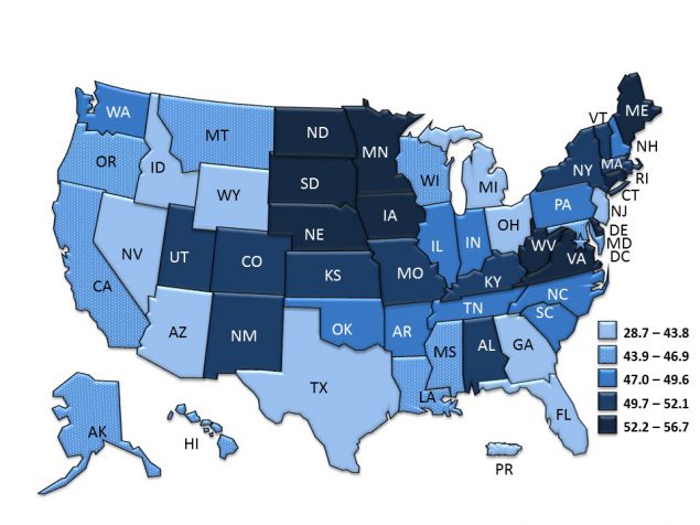 percentage of flu vaccinations among adults USA map
