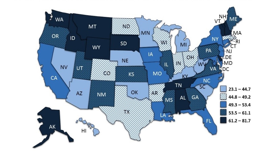 US map with states colored to depict the percentage of children with asthma that had one or more asthma attacks in the prior 12 months (2014-2017 data)