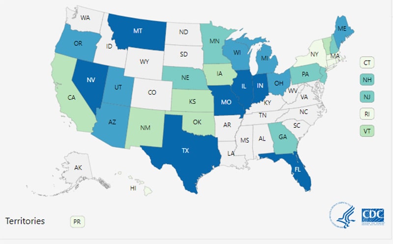 USA map with states colored to show asthma data - click to access the asthma stats page