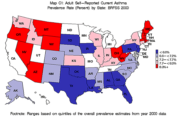 map c1 adult self reported current asthma prevalence rate by state BRFSS 2000