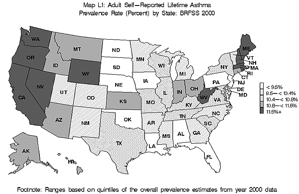 map Li adult self reported lifetime asthma by state BRFSS 2000 black and white