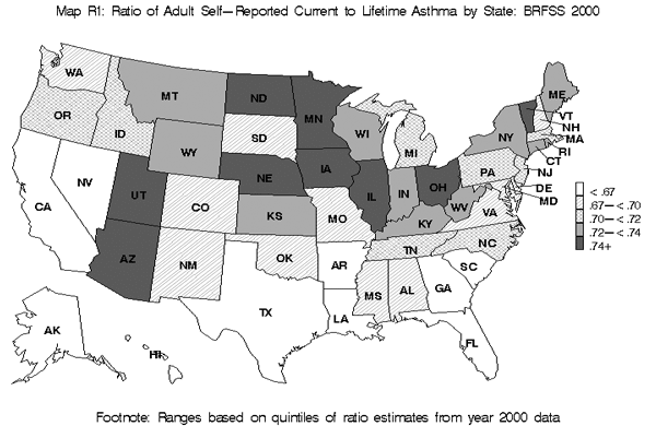map R1 ratio of self reported current to lifetime asthma by state BRFSS 2000 black and white