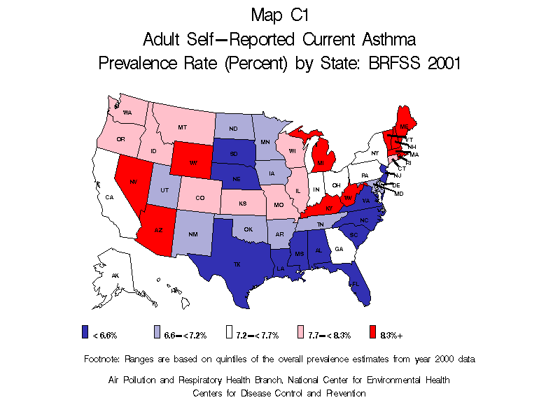 map c1  adult self reported curent asthma prevalence rate BRFSS 2001 