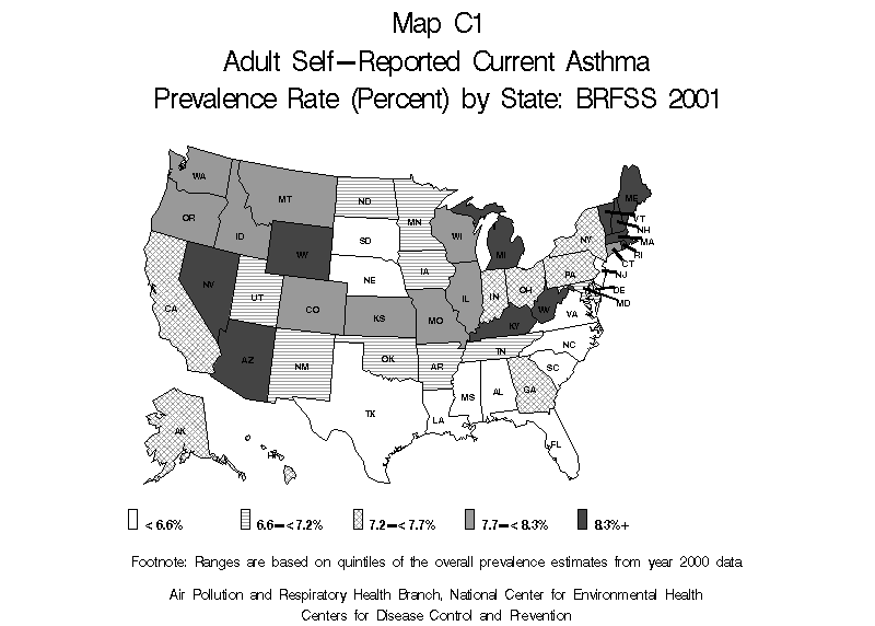 map c1  adult self reported curent asthma prevalence rate BRFSS 2001 Black and white