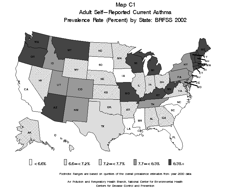 BRFSS 2002 adult self reported current asthma pervalence rate percent by state black and white
