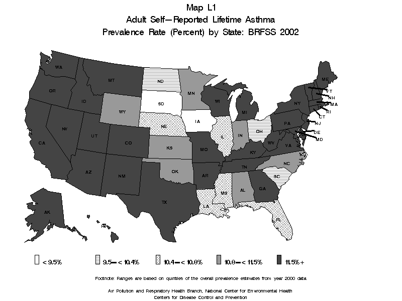  Map L1 adult self reported lifetime asthma pervalence rate(percent) by ststae BRFSS 2002 black and white